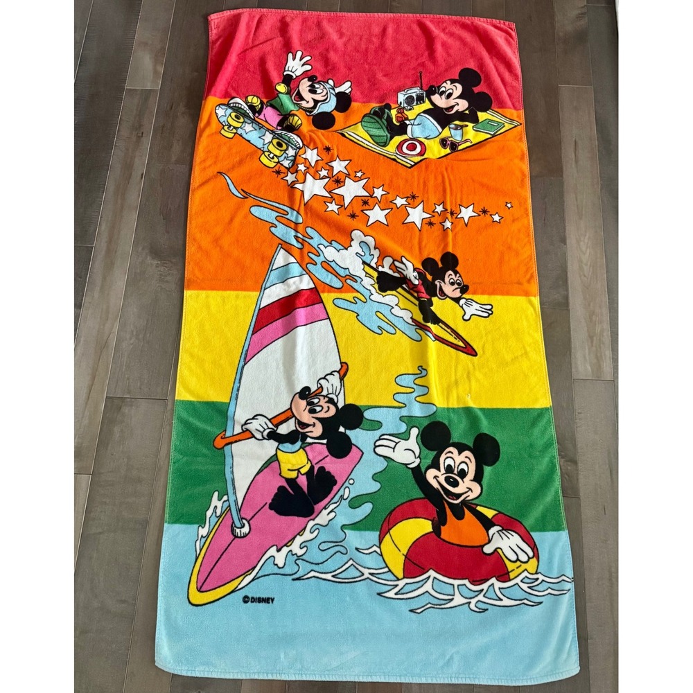 Vintage Disney Mickey Mouse Rainbow Striped Beach 90s Towel Surf Skate Cotton
